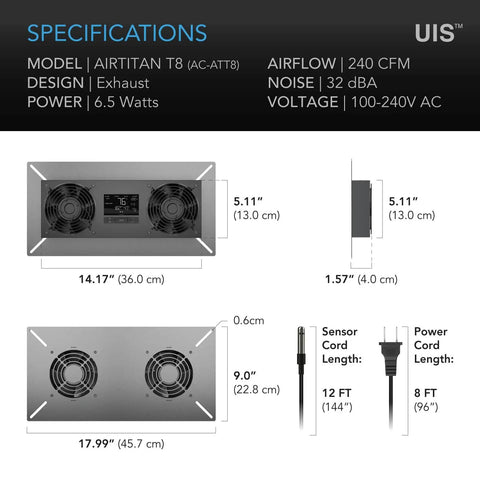 Specifications sheet for Airtitan T8 Crawl Space Vent Fan With WiFi App Temperature Humidity Controller For Basement Exhaust And Odor Control IP55 Rated Programmable Scheduling Timers VPD Monitoring And No Fuss Setup showing dimensions.