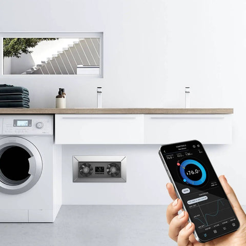 Airtitan T8 Crawl Space Vent Fan With WiFi App Temperature Humidity Controller For Basement Exhaust And Odor Control installed in laundry room