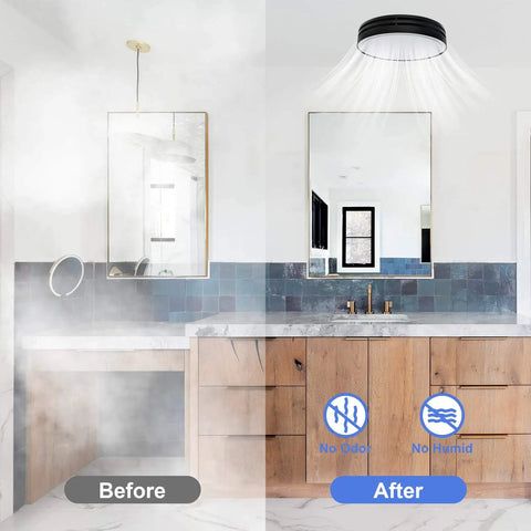 Before and after image of bathroom with Powerful 110 CFM Bathroom Exhaust Fan With Light From Akicon installed, reducing fog.
