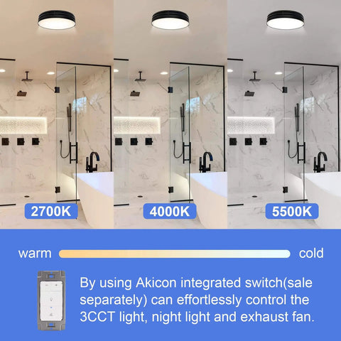 Powerful 110 CFM Bathroom Exhaust Fan With Light From Akicon, Ultra Quiet 2.0 Sones, showcasing light color options in a bathroom.