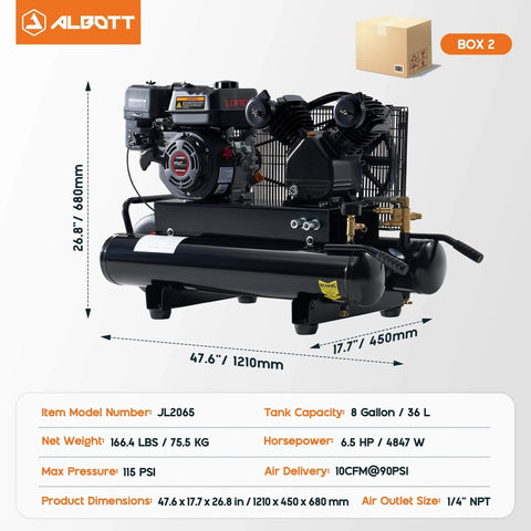 Albott 6.5HP Gas Powered Air Compressor, 8 Gallon Horizontal Tank with Wheels 10CFM@Max 115PSI, 196cc Loncin Engine shown with dimensions