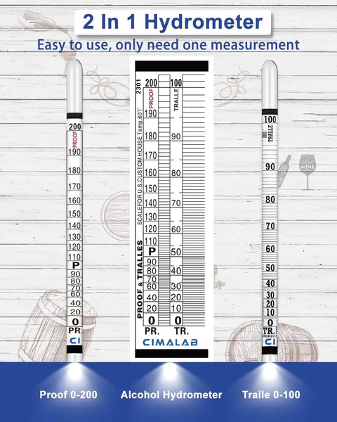 Professional Alcohol Hydrometer Kit With 0 To 200 Proof And 0 To 100 Tralle Scale For Home Distillers