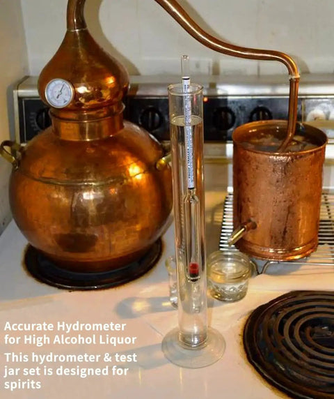 Professional Alcohol Hydrometer Kit With 0 To 200 Proof And 0 To 100 Tralle Scale For Home Distillers on a stovetop still