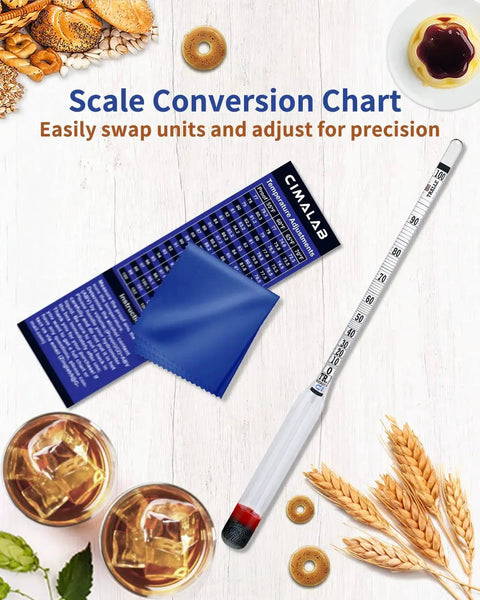 Professional Alcohol Hydrometer Kit With 0 To 200 Proof And 0 To 100 Tralle Scale For Home Distillers, scale conversion chart visible