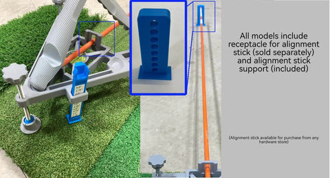 Leveling And Alignment Stand For Launch Monitors Compatible With MLM2Pro And Garmin R10 Mounting Accessory With Ryobi ELL1501 For Precise Surface Alignment And Stable Indoor Outdoor Use Superior Durability showing all-metal stand and alignment stick support on grass.
