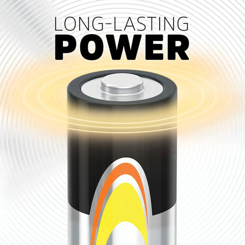 Close-up of a single AA alkaline battery with text 'Long-lasting Power' showcasing Alkaline Power AA Batteries 20 Count Pack For Remote, Mouse And Controllers.