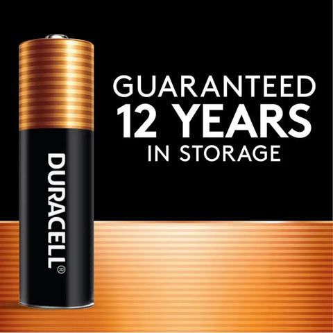 Alkaline AAA Batteries 24 Count Pack With Power Boost For Long Lasting Power showing 12-year storage guarantee on packaging