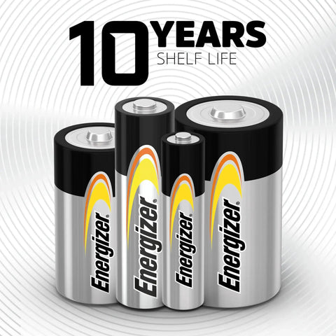 Four Energizer batteries with 10 years shelf life text, showcasing durability for various electronics and emergency gear.