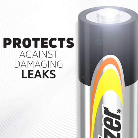Close-up of an alkaline battery with text highlighting leak protection feature, promoting Alkaline Power AA Batteries 20 Count Pack For Remote, Mouse And Controllers.