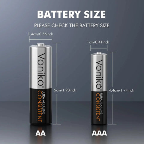 Size comparison of AA and AAA batteries from the Alkaline Battery Combo Pack With 24 AA 24 AAA And 8 9V For Household Electronics
