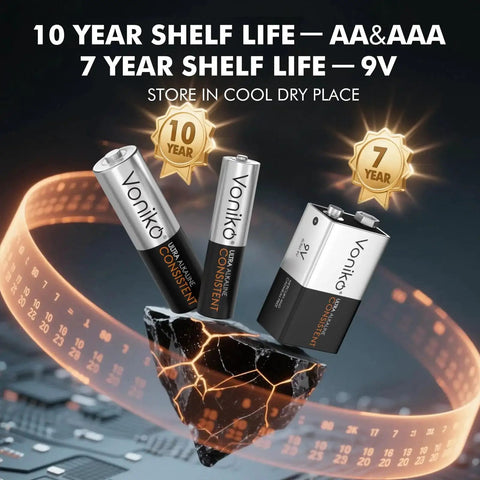 Alkaline Battery Combo Pack With 24 AA 24 AAA And 8 9V For Household Electronics showcasing shelf life and energy flow