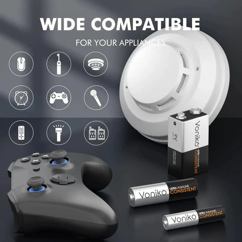 Alkaline Battery Combo Pack With 24 AA 24 AAA And 8 9V For Household Electronics shown with gaming controller and smoke detector.