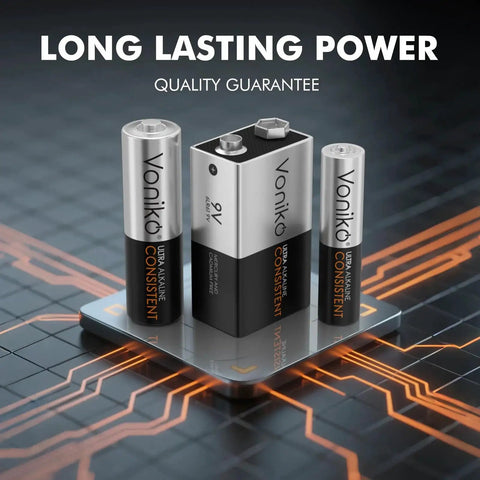 Alkaline Battery Combo Pack With 24 AA 24 AAA And 8 9V shown with 'Long Lasting Power' text on a digital circuit board background.