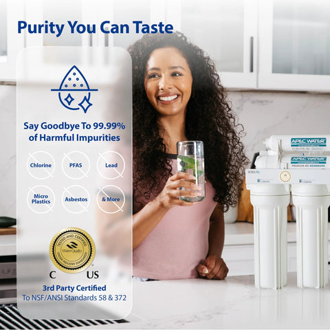 APEC white RO water filtration system with three cartridge stages on kitchen counter; woman holding a glass of water.