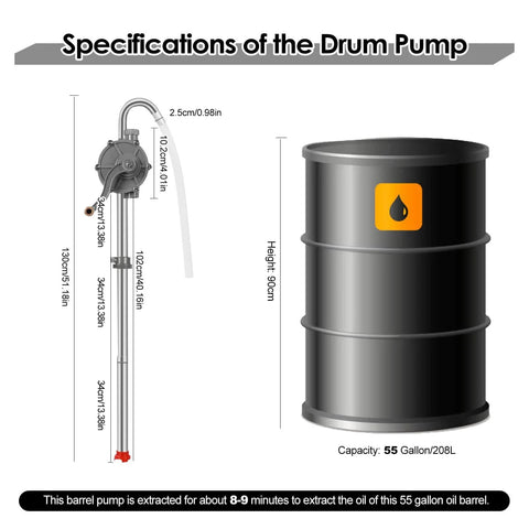 MEKOTRIN 55 Gallon Drum Pump with specifications and 55-gallon barrel, 7GPM All Aluminum Hand Oil Pump
