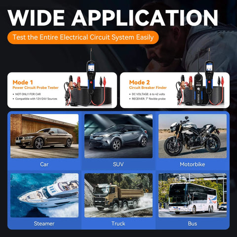 All In One Auto Circuit Tester For 12 And 24 Volt Systems with Wire Tracer Breaker Finder Tool shown with various vehicles and modes.