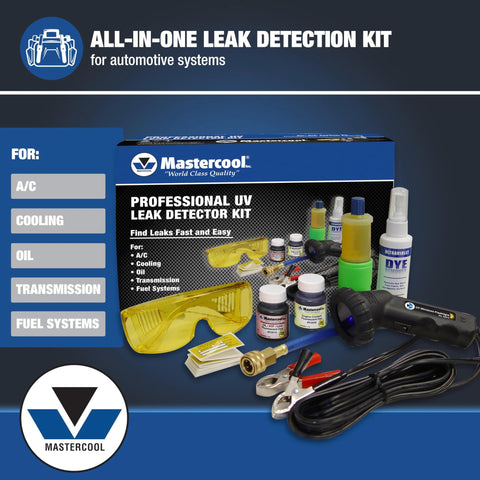 Mastercool 53351 Professional UV Leak Detector Kit box with dyes, yellow safety glasses, 12V UV light