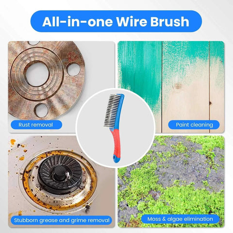 4 Pack Wire Brush for Rust Removal & Paint Removal, demonstrated on various surfaces including metal and wood