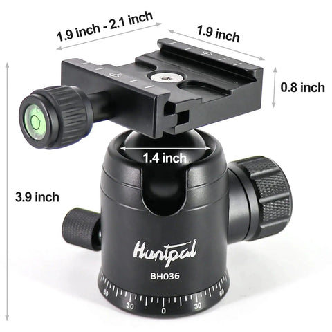 All Metal 36mm Tripod Ball Head for Rifle Rests and Shooting Sticks showing measurements and Arca Swiss Quick Release Plate
