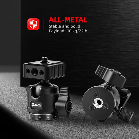 Professional Ball Head Mount With 360 Degree Rotation One Quarter Inch And Three Eighths Inch Thread, all-metal construction.