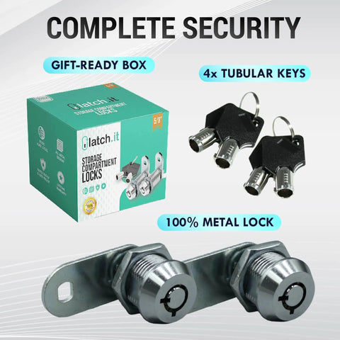 All-metal cam lock for RV storage, cabinets, drawers, mailboxes and toolboxes; fits 5/16 inch doors, 4 tubular keys, 2-pack