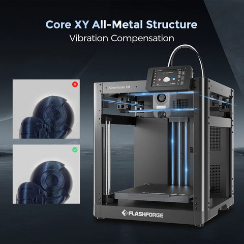 All Metal CoreXY Desktop 3D Printer With No Fuss Automatic Bed Leveling And Ultra Fast 600mm Per Second Printing For Pristine First Layers, 280°C Direct Extruder With 3S Detachable Nozzle, 220x220x220mm Build Volume, Adventurer 5M By FlashForge showing vibration compensation features.