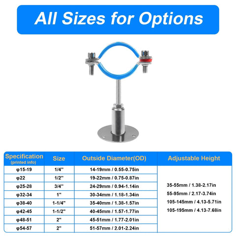 Kodilin 4-pack 304 stainless steel pipe supports with wall-mount; fits 3/4 in OD pipe; adjustable height 50-100 mm.