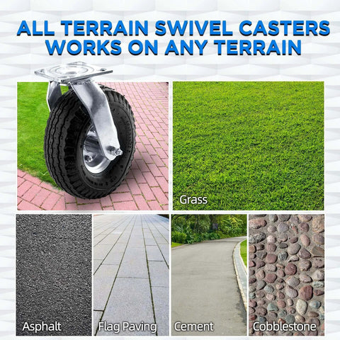 10 inch pneumatic swivel caster wheels in a 2 pack with air filled rubber tires, zinc top plate on various terrains.