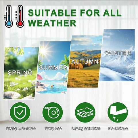 Seasons depicted for Transparent Window Weather Sealing Tape 2 Inch x 33 FT showing spring, summer, autumn, and winter suitability.