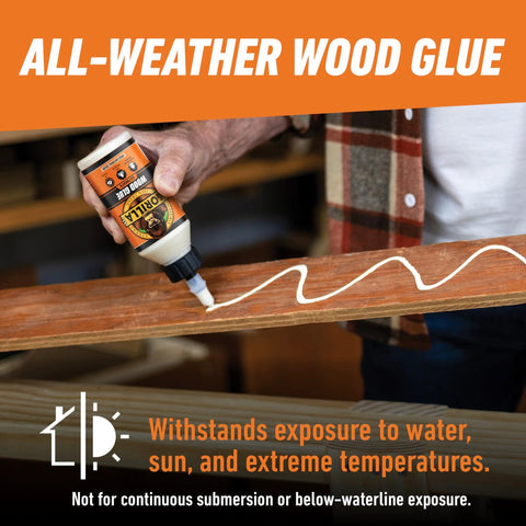 Person applying Ultimate Waterproof Wood Glue In Natural Wood Color, 8 Ounce Pack Of 1, to a wooden board, indoor setting.