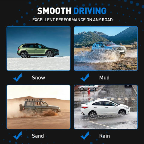 Four vehicles in different terrains: green SUV on snow, blue SUV in mud, off-road vehicle on sand, white sedan in rain.