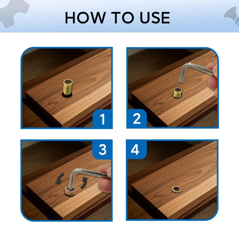 Installation steps for 28-Piece 5/16-18 Allen Threaded Inserts Set for Woodworking and DIYers using a hex socket drive.