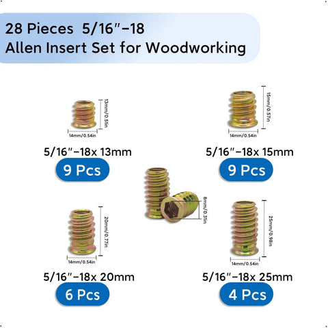 28-Piece 5/16-18 Allen Threaded Inserts Set For Woodworking And DIYers Pro Grade Hex Socket Drive Nut Inserts For Fasteners Zinc Plated