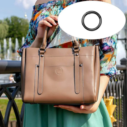 Brown handbag with 24 Pack Spring O Rings With Trigger Snap Buckles Keychain Rings For Bags And Purses 1 Inch Alloy Rings in Gray shown