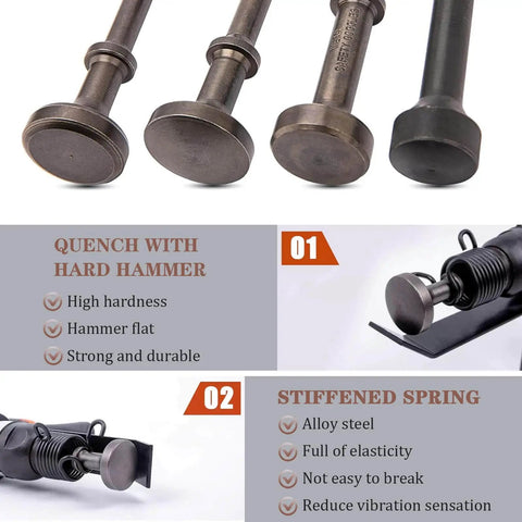 Extended Length Air Hammer Bits Set With Spring 0.401 Pneumatic Chisel Bits For Heavy Duty Jobs Includes Four Shapes In Durable Alloy Steel