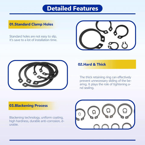 Detailed features of Premium Alloy Steel External Circlip Snap Ring Kit with 315 piece set showing standard clamp holes, hardness, and blackening process.