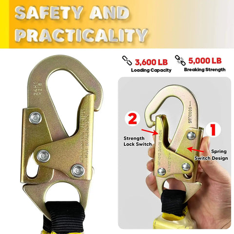 Close-up of alloy steel grab hooks from Fall Protection Safety Rope Kit 50 Ft Heavy Duty Vertical Roofing Rope With Shock Absorber
