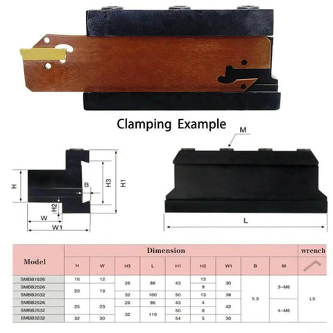 Diagram showing Beefy Alloy Steel Grooving And Parting Plate Holder For SPB Blades With 90 Degree Cutting Angle And Screw In Inserts, model SMBB1626 with dimensions and clamping example.