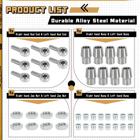 3/4 Heim Joints Rod End Kit with Right and Left Hand Threads, featuring durable alloy steel, tube adapters, and jam nuts for steering use