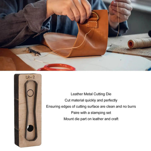 Person using Durable Alloy Steel Leather Cutting Die Set for DIY leather craft projects with precise clean edges, showing die tool.