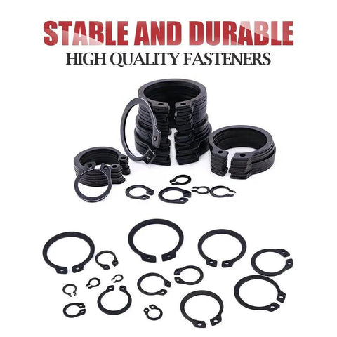 Alloy Steel External Snap Ring Assortment Kit, 300-Piece, 15-Size Set From 4mm To 28mm displayed with various ring sizes and a case.