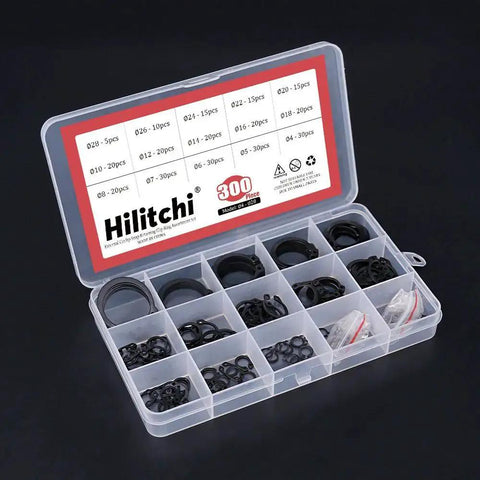 Alloy Steel External Snap Ring Assortment Kit, 300-Piece in transparent storage box, 15-Size Set From 4mm To 28mm, for machinery and DIY.