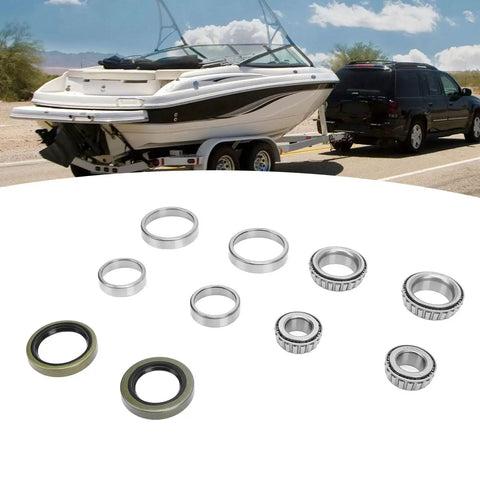 Alloy Trailer Wheel Hub Bearings Kit for 1-1/16 Inch Axles, 10 pieces, boat trailer in background.