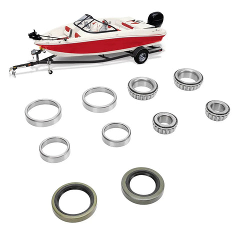 Alloy Trailer Wheel Hub Bearings Kit for 1-1/16 Inch Axles, 10 Pieces with boat trailer in background