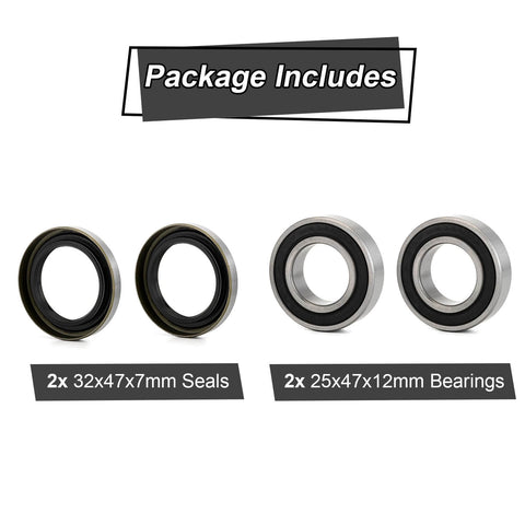 Front Wheel Bearing Kit Alloy Steel Sealed Bearings For Kawasaki H2 H2R ZX10R ZX6R ZX14R Z1000 KLZ1000 KLE1000 with 25x47x12mm bearings, 32x47x7mm seals.