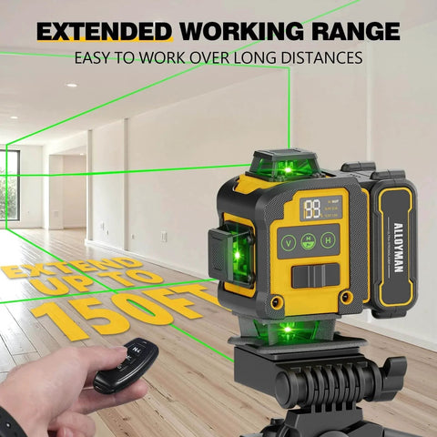 Laser Level with Tripod, Alloyman 4x360° Self Leveling Laser Level on tripod in a room with extended green laser lines