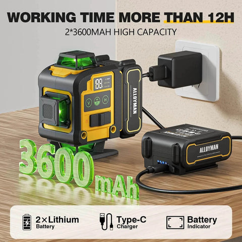 Alloyman 4x360° Self Leveling Laser Level with Tripod, charging with 2 lithium batteries showing 3600mAh capacity