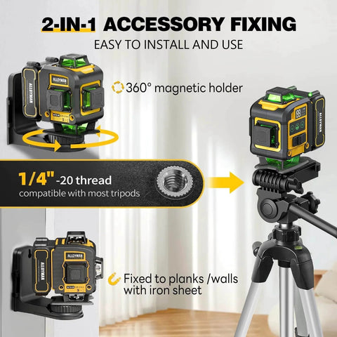 Laser Level with Tripod, Alloyman 4x360° Self Leveling Laser Level showing accessory fixing options, magnetic holder, and tripod attachment.