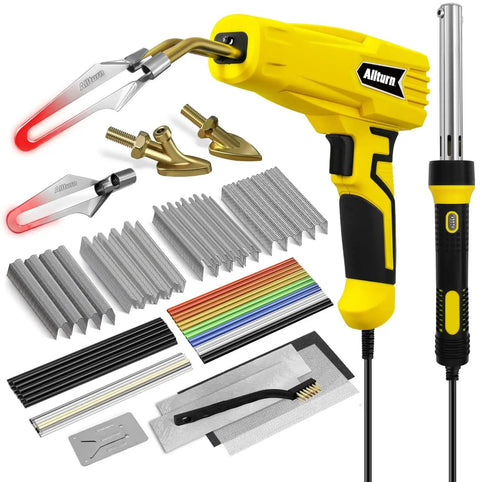 3 In 1 Plastic Welder Kit With 110V Power 1000 Staples And Welding Rods Versatile Repair Tool For Car Bumpers Dashboards Radiators And Thermoset Plastics By Allturn showing welding tool, staples, rods, and accessories in yellow color