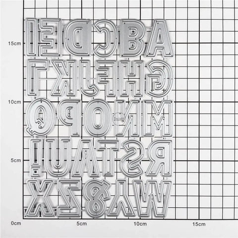 English Alphabet 26 Letter Metal Cutting Dies Set For Card Making And Scrapbooking Embossing Die Cuts displayed on grid paper